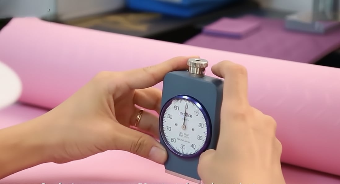 A quality control technician carefully inspecting rolls of raw TPE and rubber material before they enter the production line.