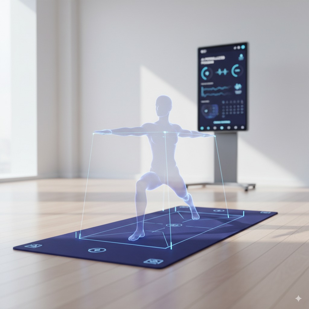 A modern yoga mat with subtle alignment markings with a holographic effect, representing the smart & tech-powered trend.