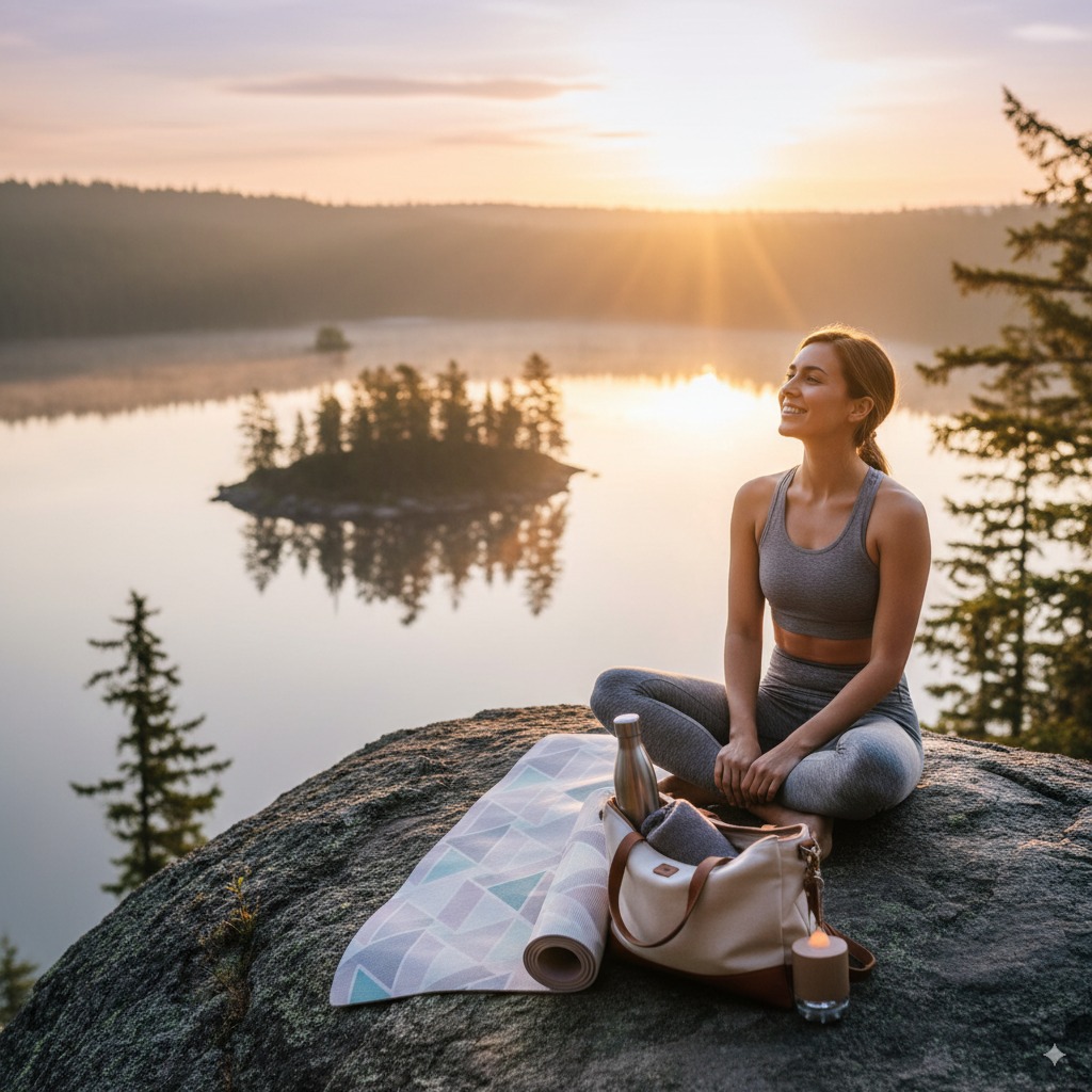 A lightweight, foldable yoga mat with a stylish yoga mat bag in a scenic outdoor setting, representing ultimate transportability.