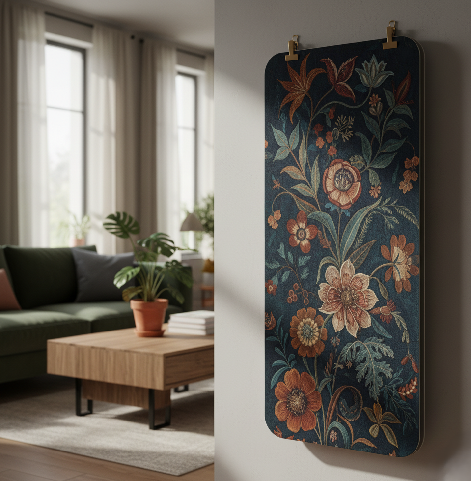 A custom yoga mat hanging on a wall as a piece of art in a stylish living room.