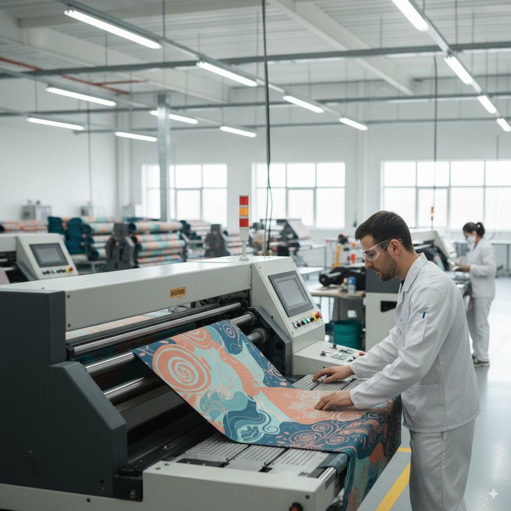 Factory workers overseeing the mass production of custom yoga mats.