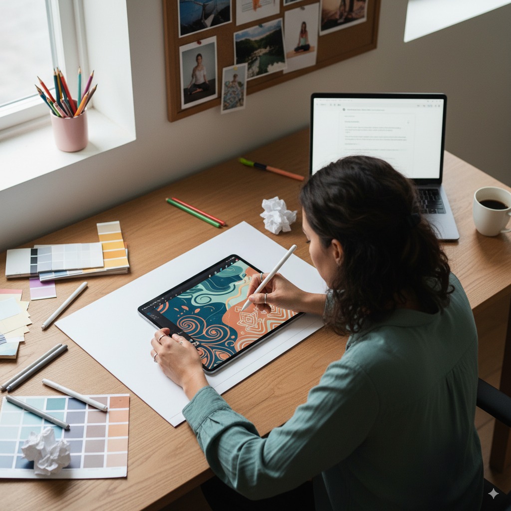 A designer sketching initial ideas and concepts for a custom yoga mat.