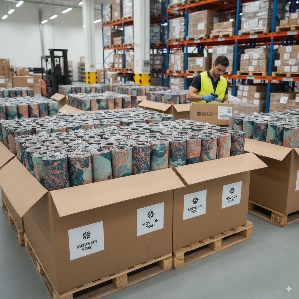 Neatly packaged and rolled custom yoga mats in cartons, ready for shipment.