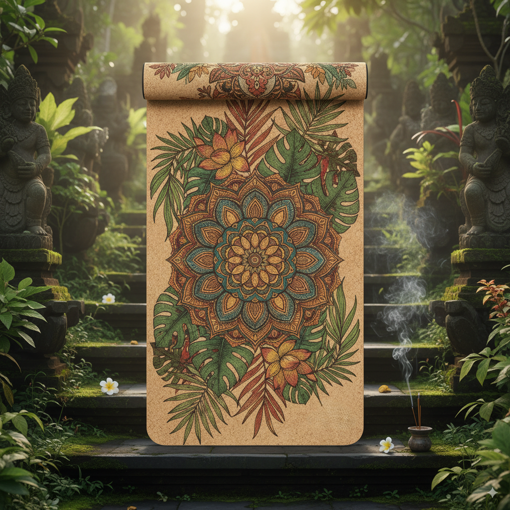 A beautiful yoga mat with tropical and mandala-inspired print, reflecting Balinese style.