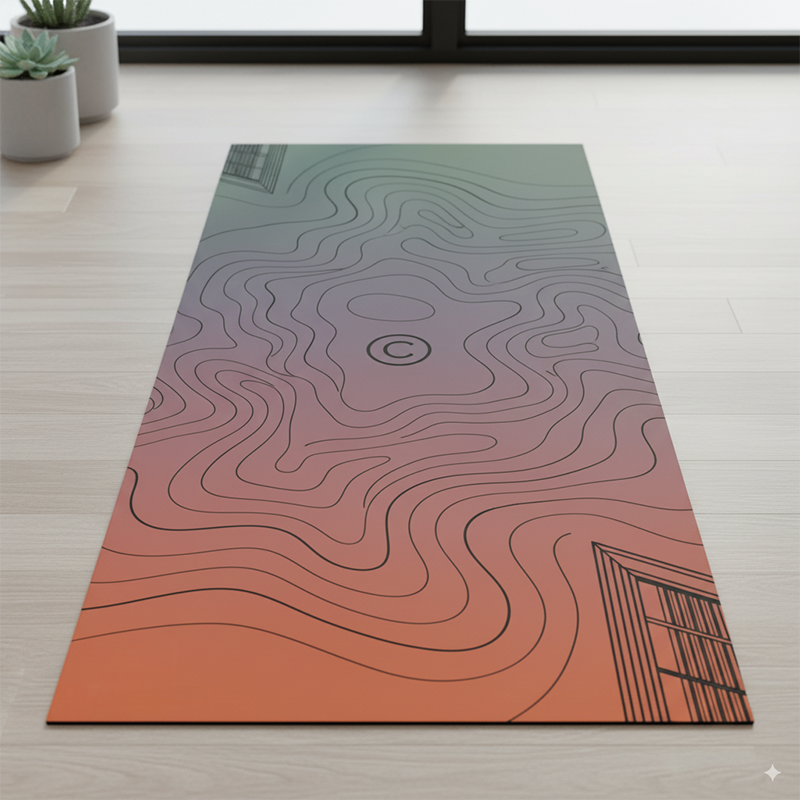 A person doing yoga on a mat with a minimalist design in a sunlit, modern California setting.