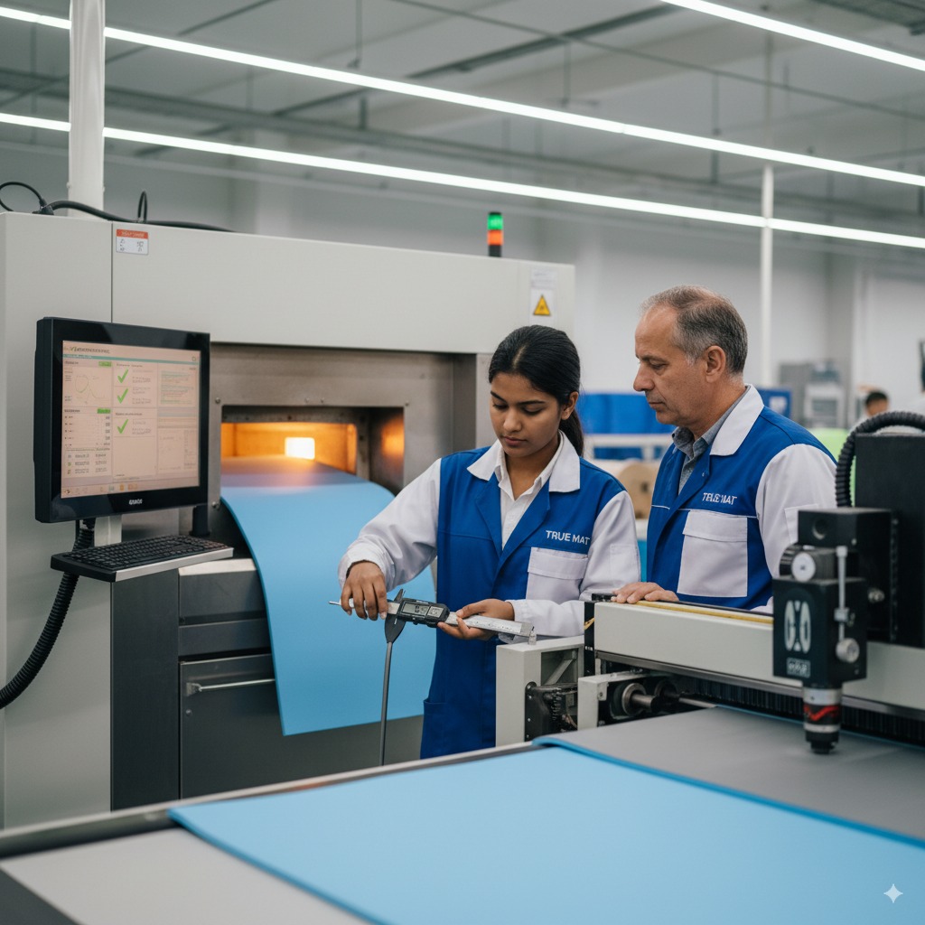 In-Process Quality Control with a worker actively monitoring the yoga mat production line.