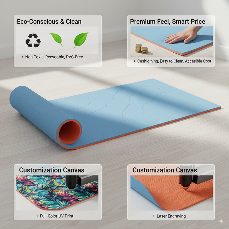 A vibrant, dual-colored TPE yoga mat is rolled out, showcasing its texture and flexibility.