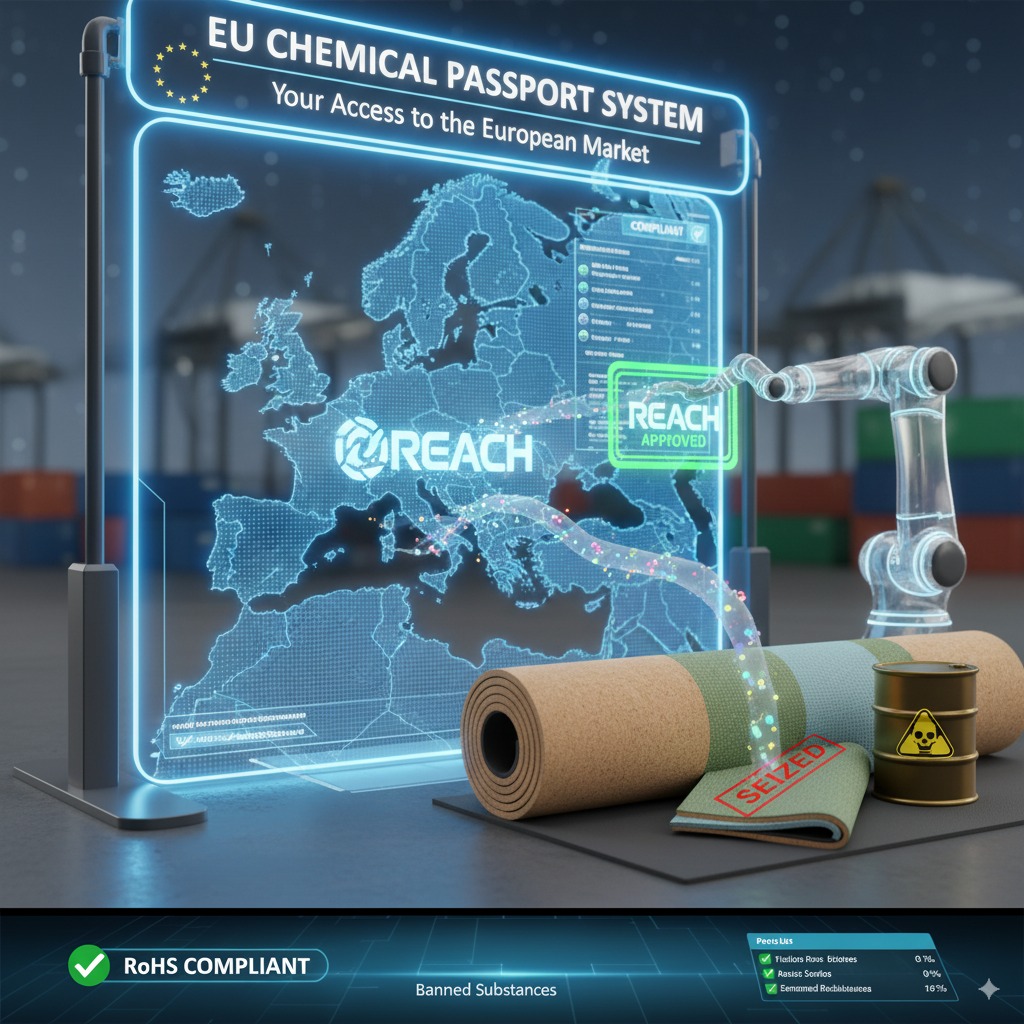 A yoga mat being stamped with a 'passport' for approval to enter the EU market, symbolizing REACH compliance.