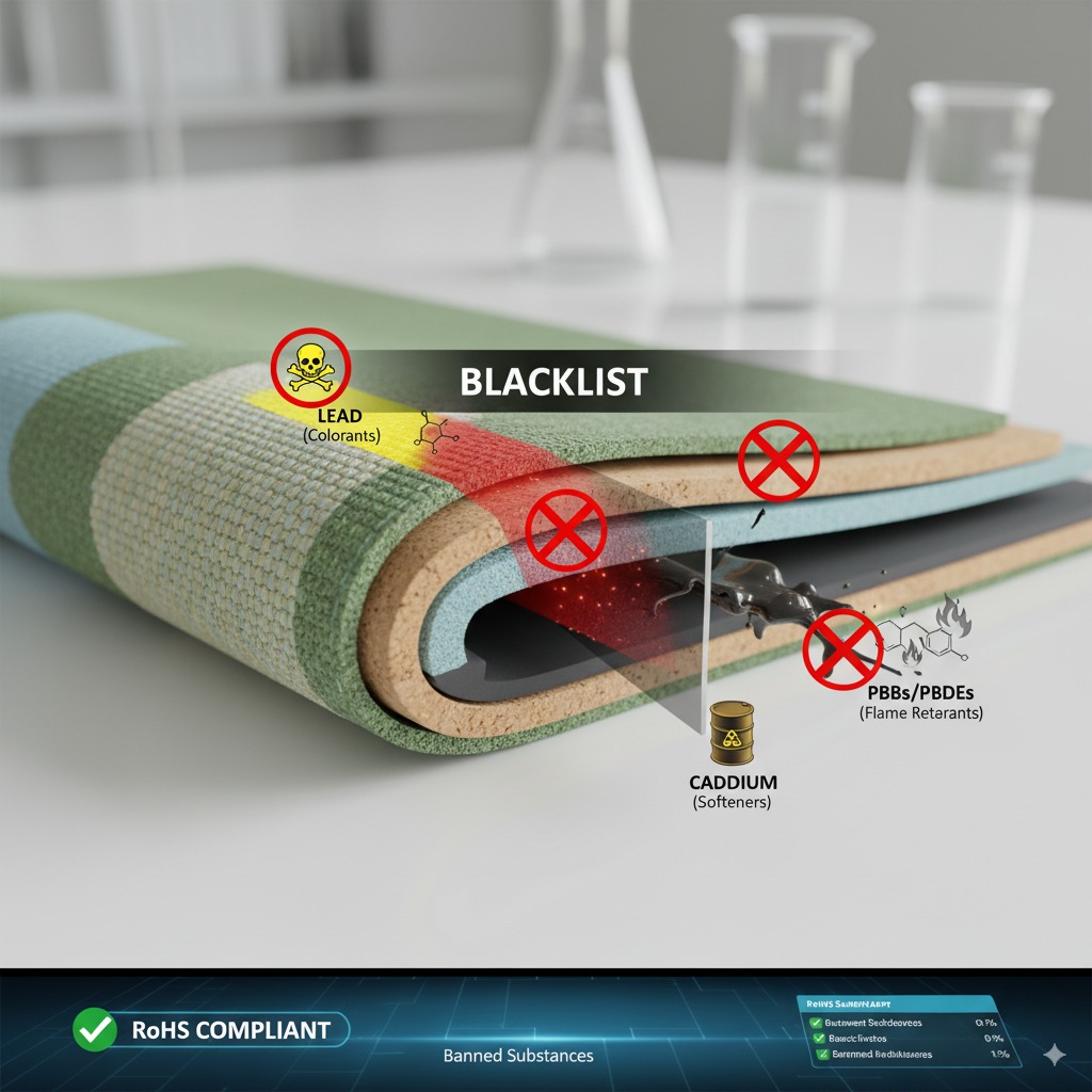 A cross-section of a yoga mat illustrating the RoHS 'blacklist' concept by showing banned chemicals like lead خطرously excluded.