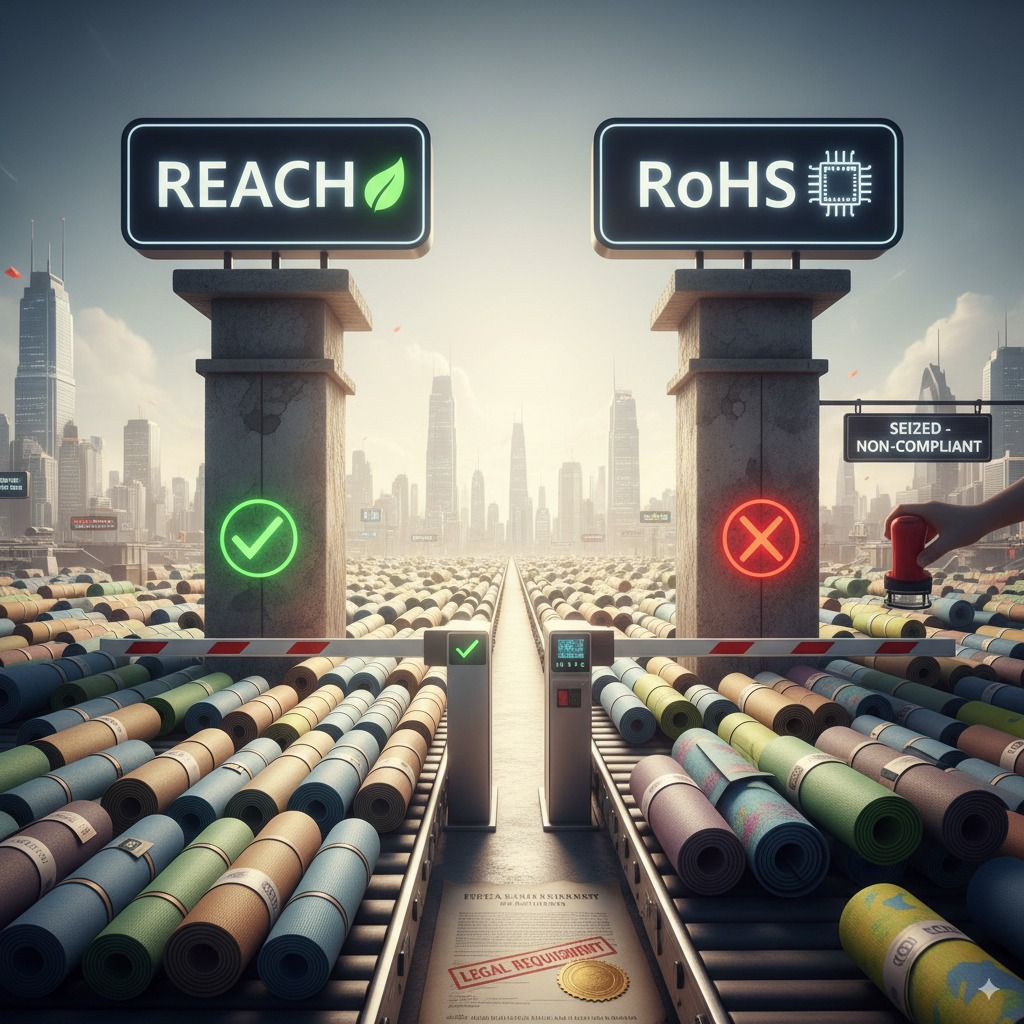 A stylized gate with 'REACH' and 'RoHS' signs, representing how these certifications act as a gatekeeper for product safety and market access.