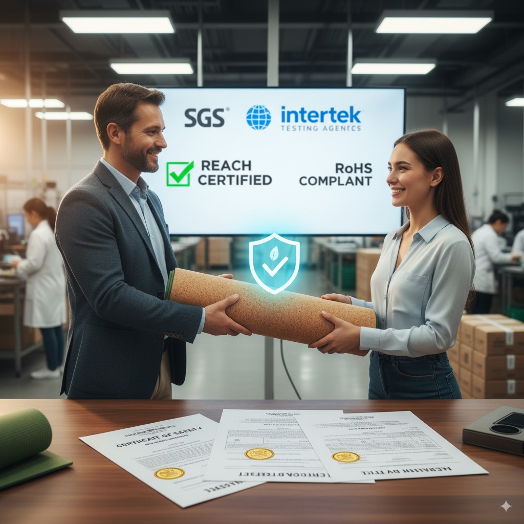 A professional supplier handing a certified yoga mat to a client, representing trust, peace of mind, and professionalism.