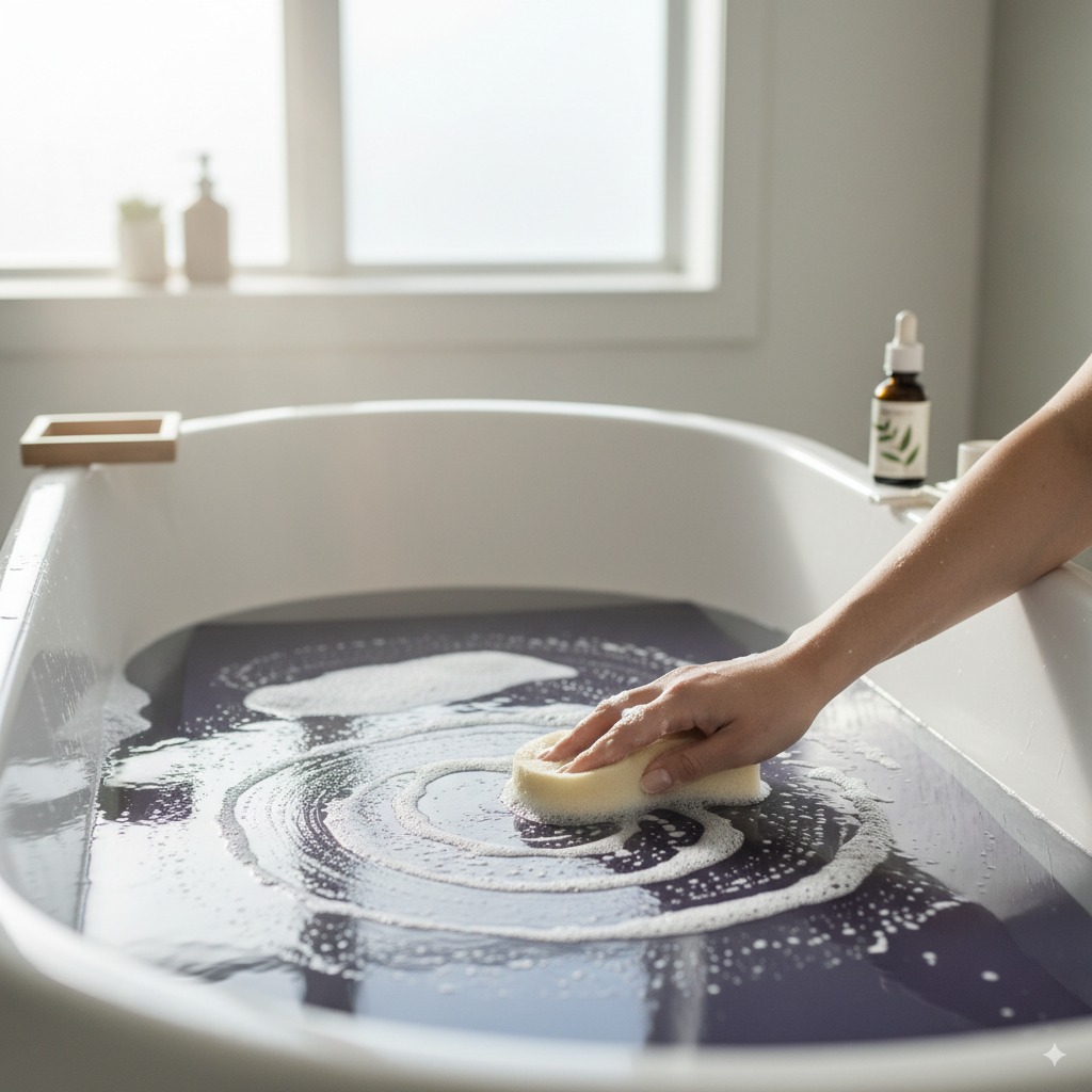 A yoga mat soaking in a bathtub for a periodic deep clean.