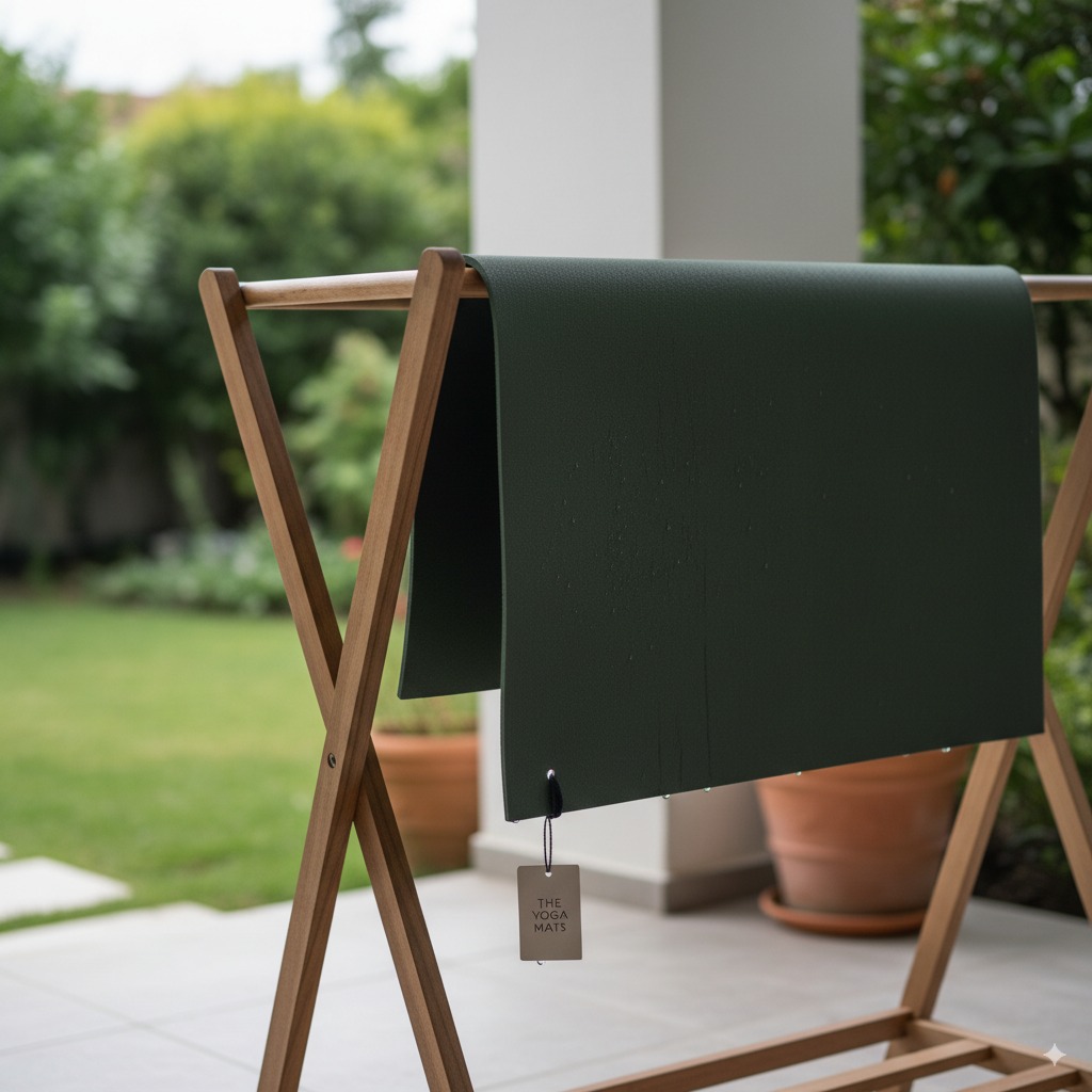 A yoga mat properly hanging over a rail to air dry in a shaded area.