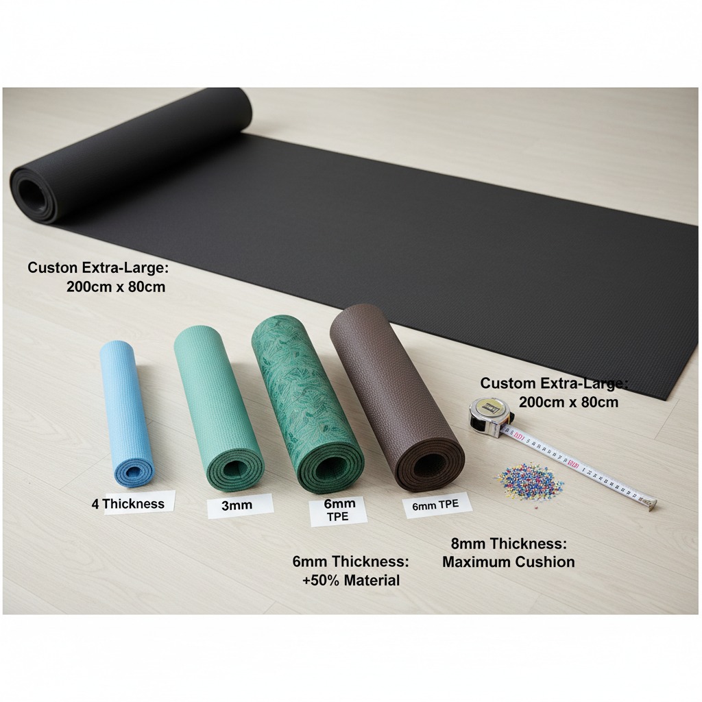 An illustration showing yoga mats of different thicknesses and sizes to demonstrate how dimensions impact cost.