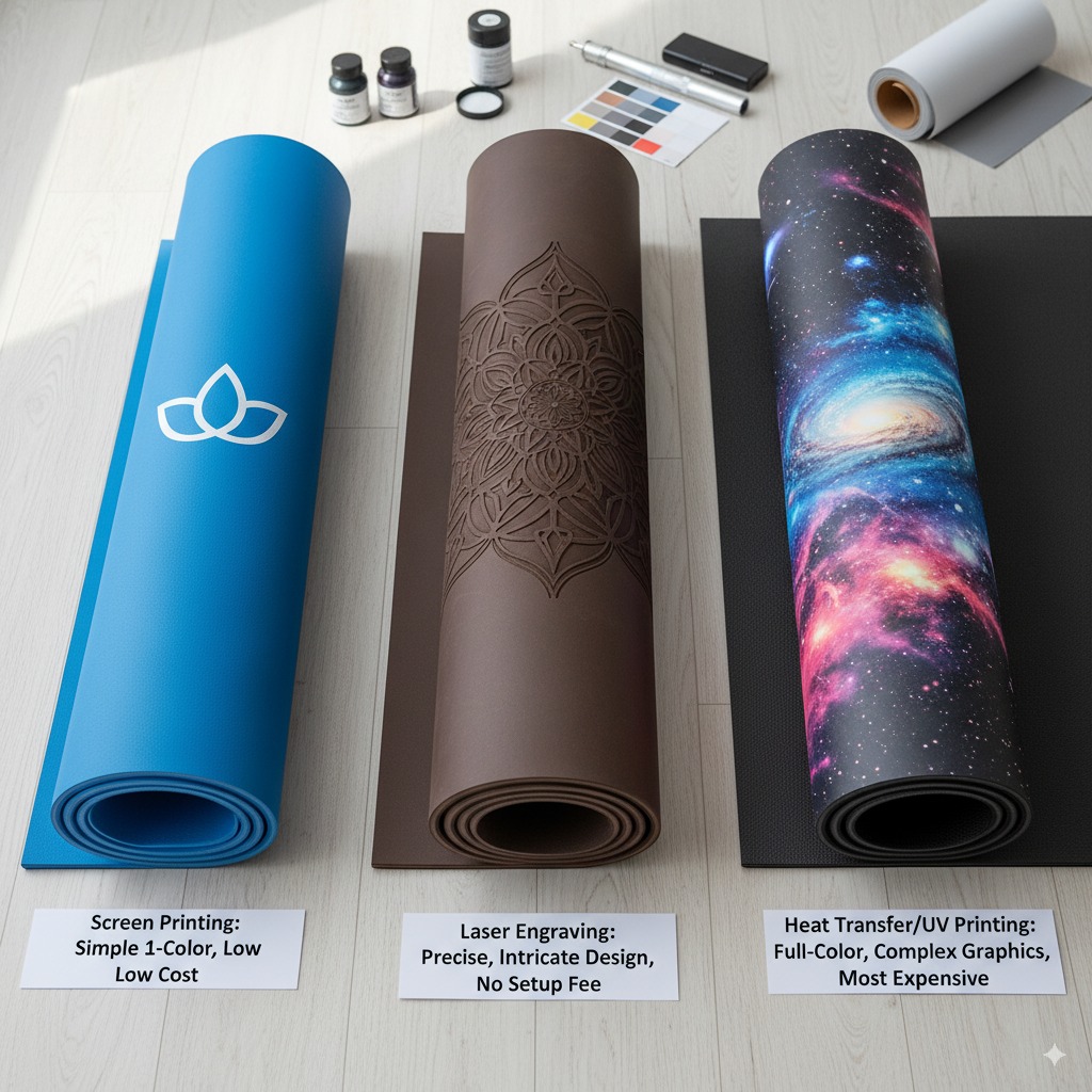 Examples of customization techniques like screen printing, laser engraving, and heat transfer on yoga mats.