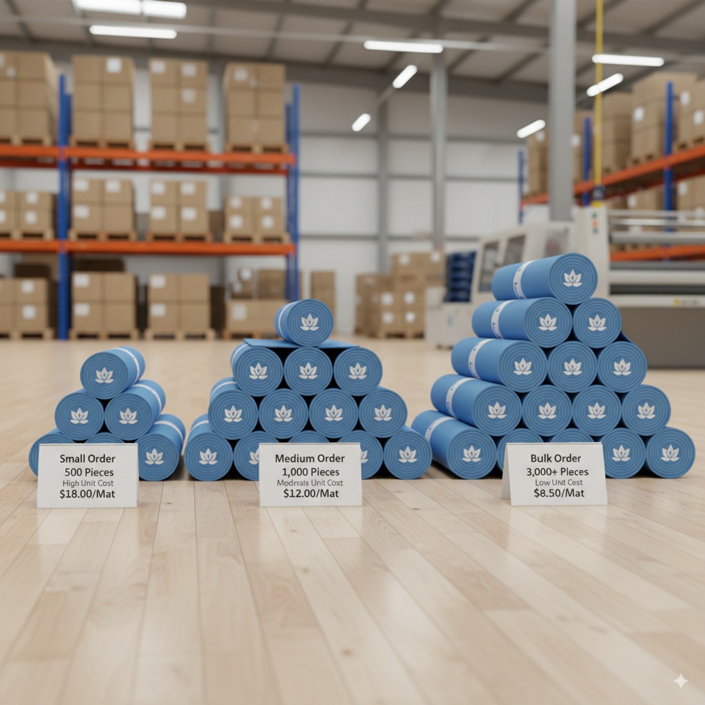 A graphic illustrating how a larger order quantity of yoga mats leads to a lower unit price and greater cost savings.
