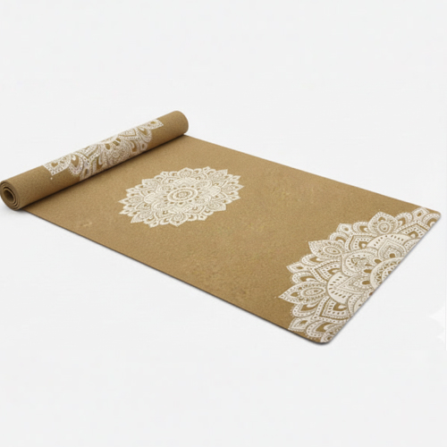 An unrolled cork yoga mat with an intricate mandala pattern.