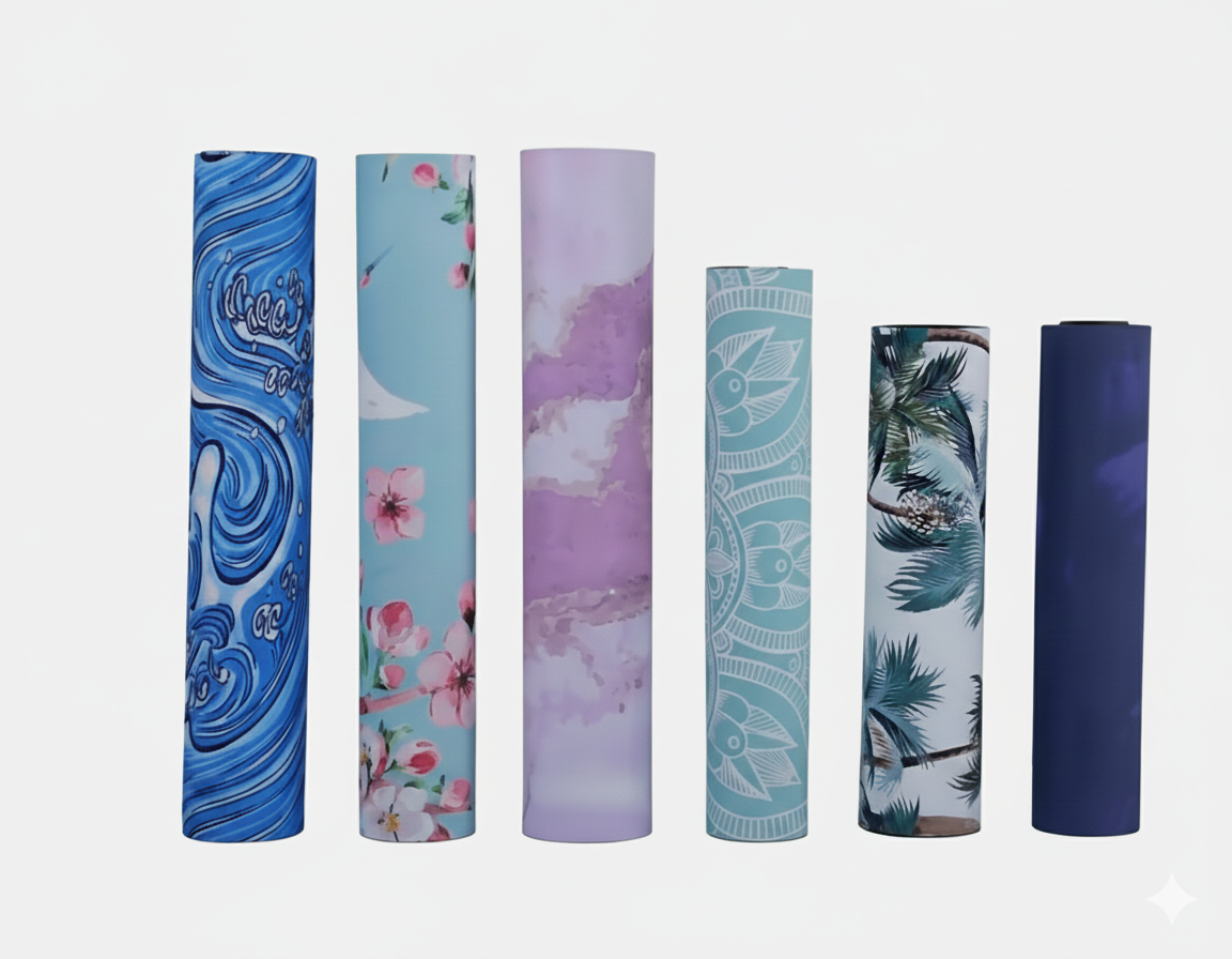 A lineup of six vertically rolled custom suede yoga mats, showcasing a variety of different designs including blue waves, cherry blossoms, purple marble, and palm trees.