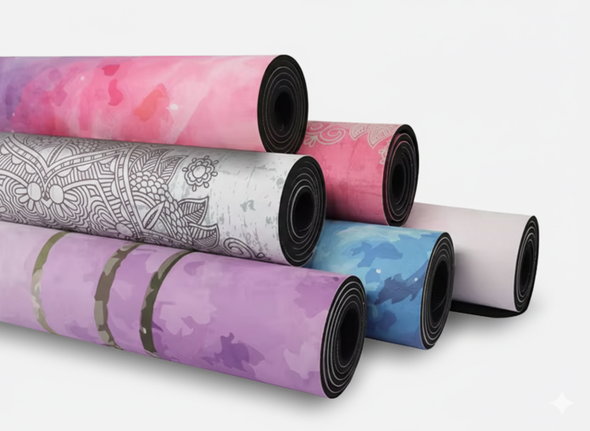 A stack of rolled-up custom printed suede yoga mats showcasing a variety of colorful designs, including watercolor, mandala, and camouflage patterns, highlighting options for wholesale.