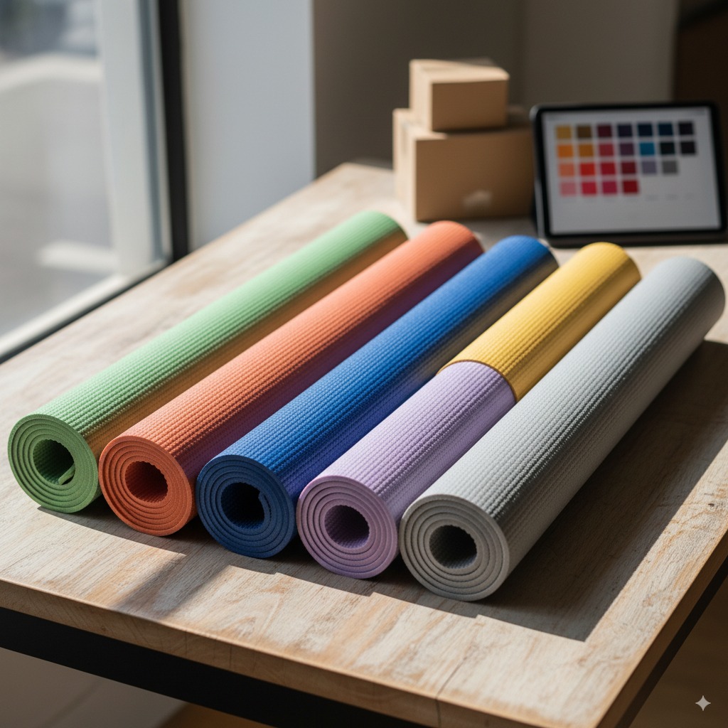 A vibrant display of rolled TPE yoga mats in a variety of appealing, in-stock colors.