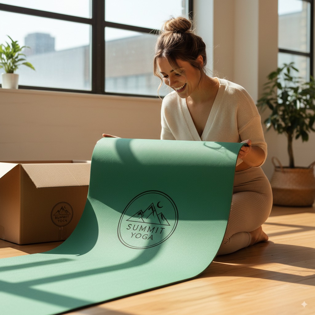 A person happily unrolling a new, custom-branded yoga mat with a professional logo.
