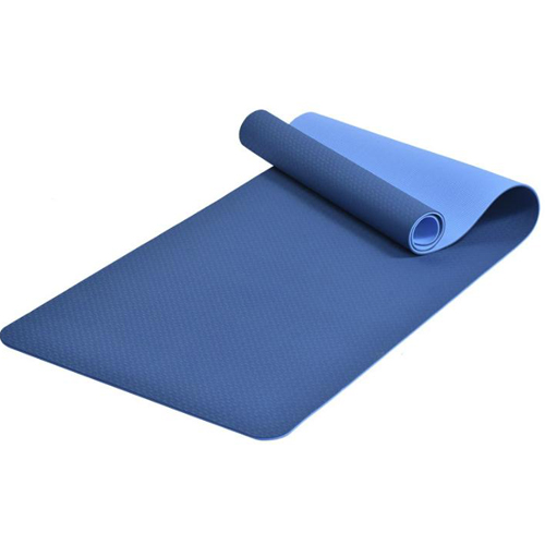 A two-tone, double layer TPE yoga mat in dark blue and light blue, shown partially rolled on a white background.