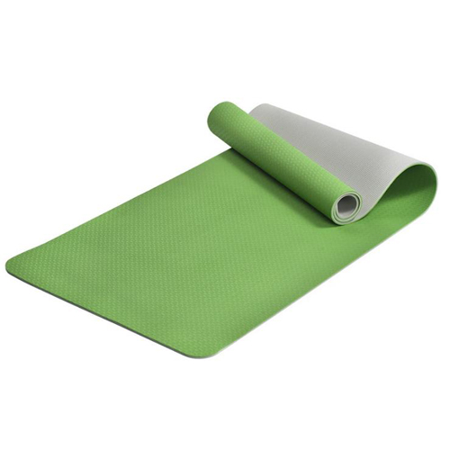 A fresh green and light grey double layer TPE yoga mat, unrolled to show its textured surface and two-tone color scheme.