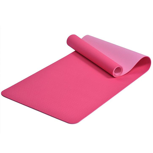 A bright hot pink and light pink double layer TPE yoga mat, partially unrolled to display its two-tone design.