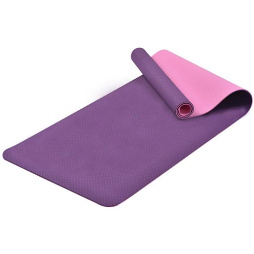 A partially rolled, double layer TPE yoga mat featuring a vibrant purple top and a soft pink bottom layer.