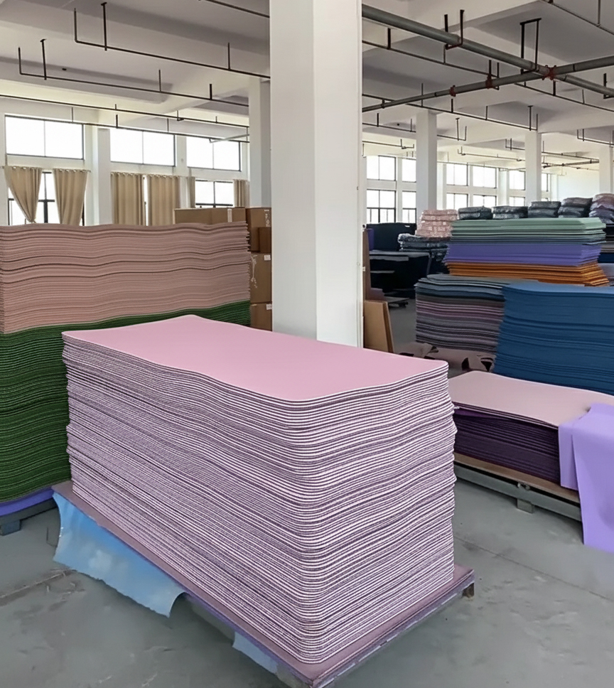 Interior of a TPE yoga mat factory showing large stacks of finished double layer yoga mats in various colors like pink, green, and blue, illustrating the factory's wholesale production capacity.