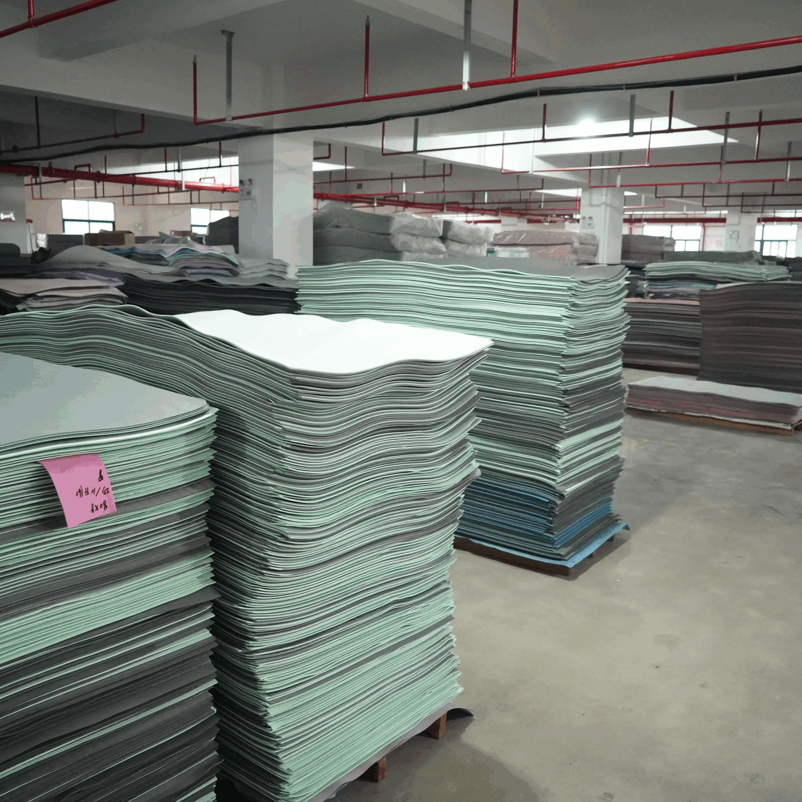 Interior of a large, well-organized yoga mat factory warehouse with stacks of finished products ready for shipping.