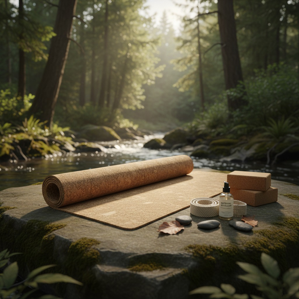 A lightweight, foldable travel yoga mat packed neatly into a stylish carrier bag.