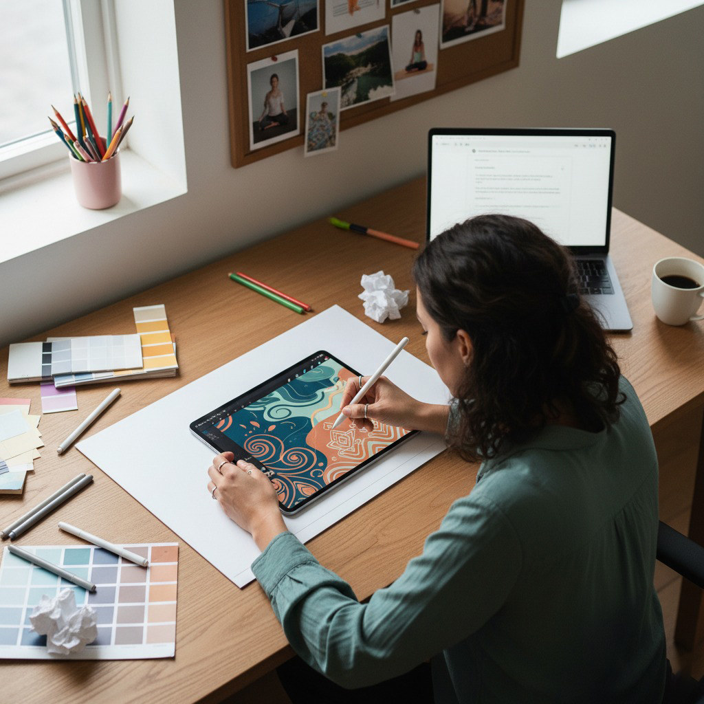 A designer at a desk surrounded by yoga mat material swatches and color palettes, sketching out a custom design.