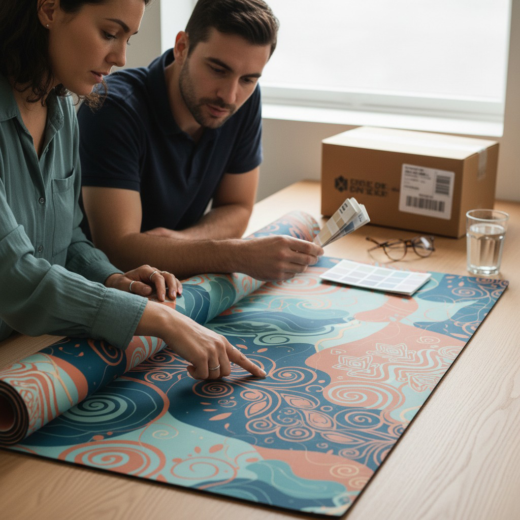 A person's hands closely inspecting the texture, color, and printed logo of a physical sample of a custom yoga mat.