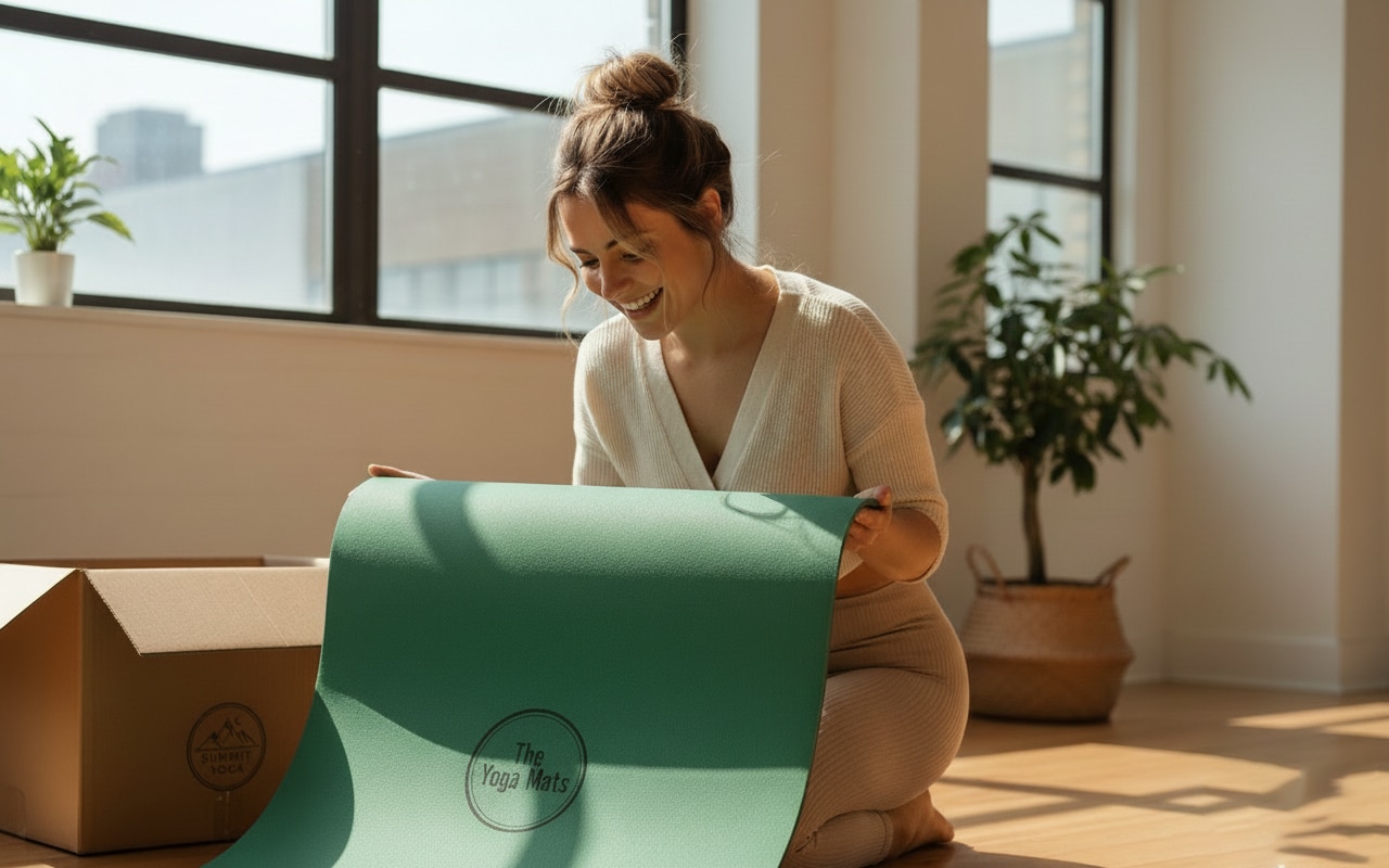 A person selecting a yoga mat from a collection of colorful, in-stock TPE mats, representing the first step in a low MOQ order.