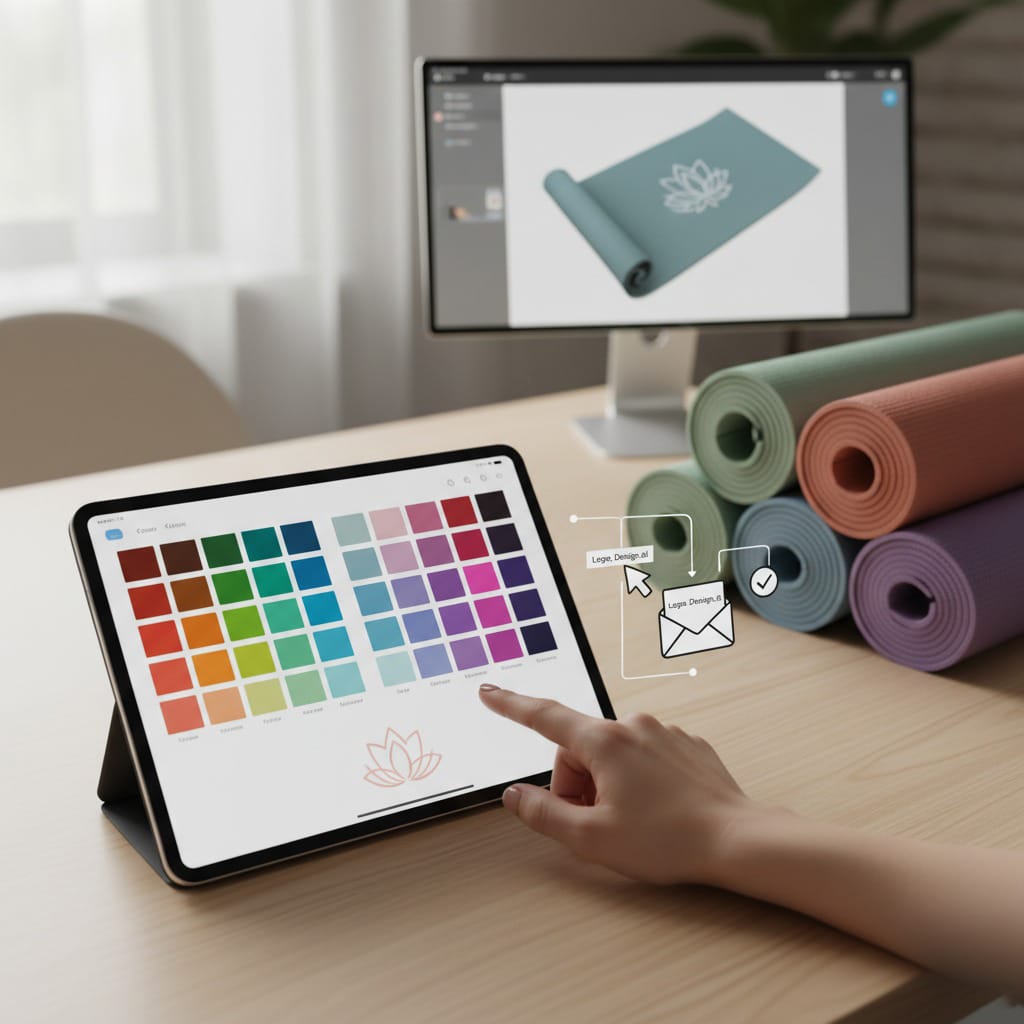A close-up of a high-precision laser engraving a custom logo onto the surface of a TPE yoga mat.