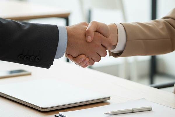 Close-up of a firm handshake between two business partners in an office setting, signifying a trusted agreement.