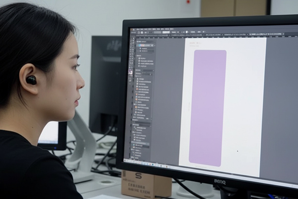 A designer carefully working on a custom yoga mat design on a computer, showcasing the detailed production process.