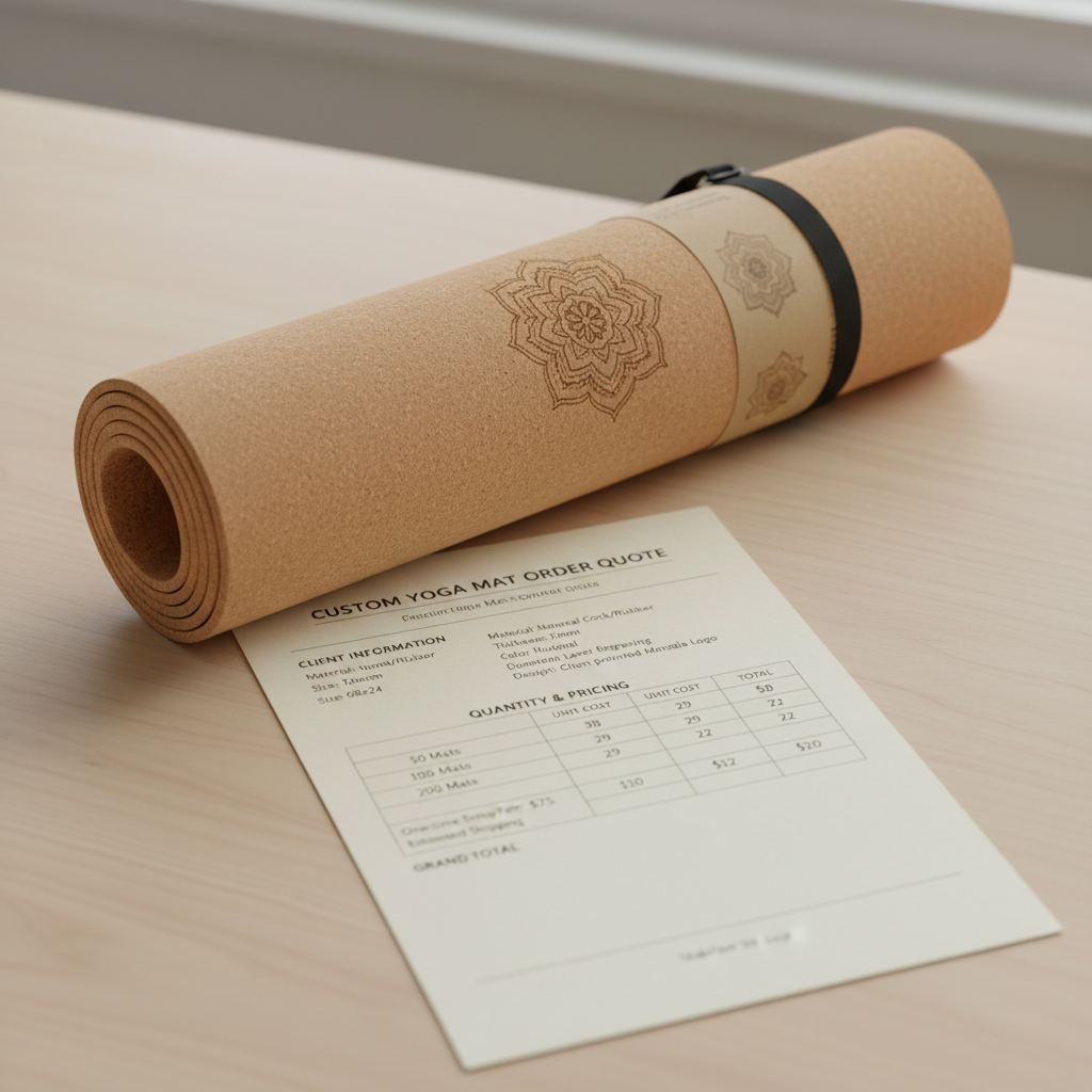 A custom cork yoga mat shown next to its product specification sheet to illustrate the budgeting process.