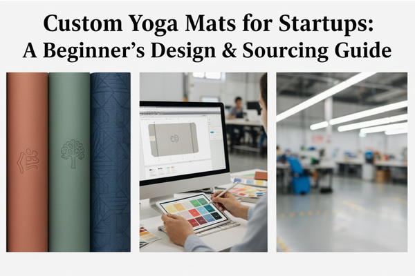A collage illustrating a beginner's guide to designing and sourcing custom yoga mats for startups, showing final mat products, the design process on a computer, and a factory setting.
