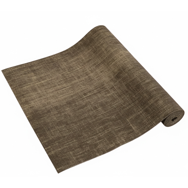 A dark brown, eco-friendly jute yoga mat, presented in a rolled-up view.