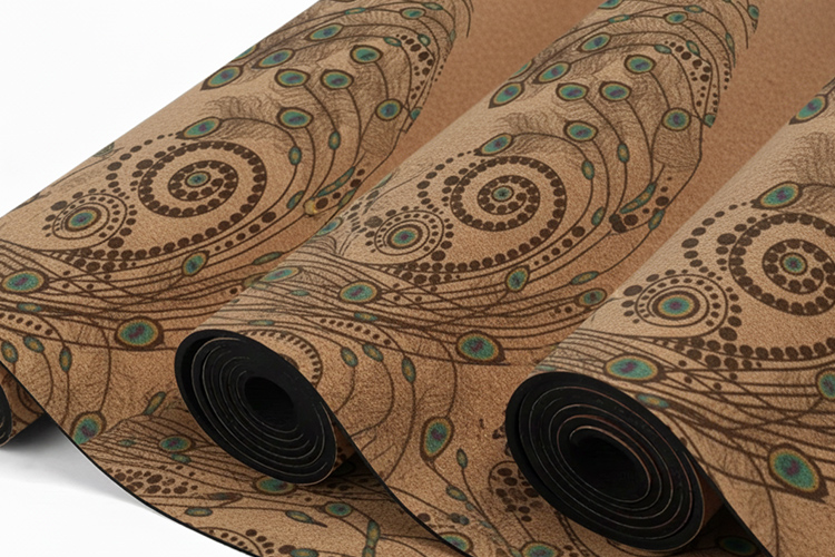 A rolled, eco-friendly cork yoga mat with a dark pattern and a custom leather logo patch.