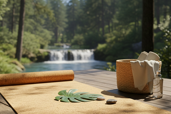 Eco-friendly cork yoga mat on a wooden deck by a waterfall, symbolizing sustainability and nature.