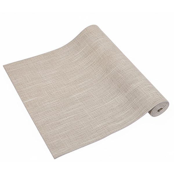 A rolled-up jute yoga mat in a natural beige color, ideal for eco-conscious brands.