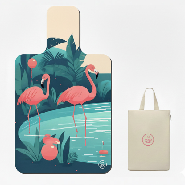 A custom-printed Pilates reformer mat featuring a tropical flamingo design, displayed with a branded carrying bag.