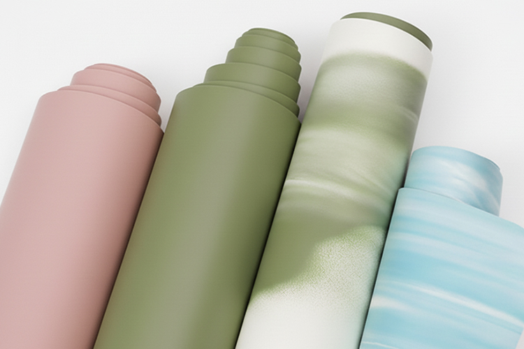 A collection of rolled high-performance yoga mats in pastel pink, green, and blue marble colors.