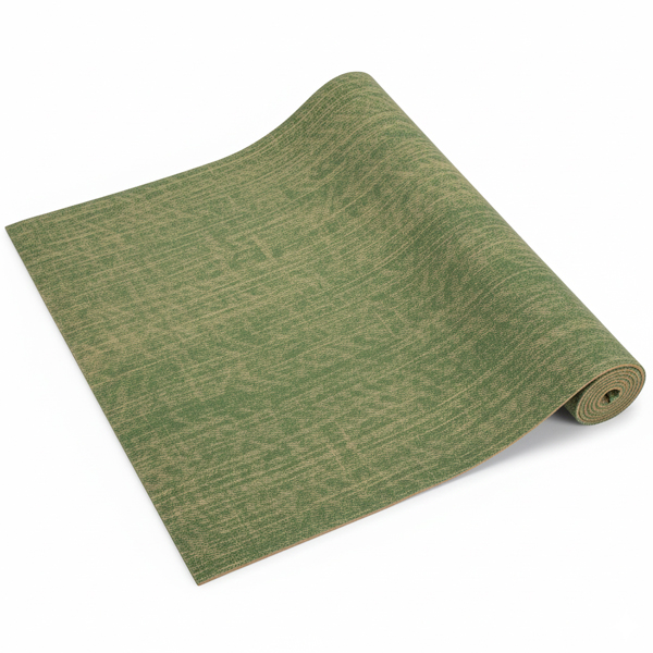 A green jute yoga mat with a distinct natural fiber weave, shown rolled up.