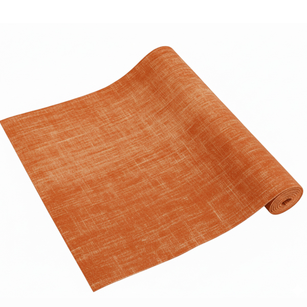 A selected orange jute yoga mat, rolled up to showcase its natural, earthy texture.