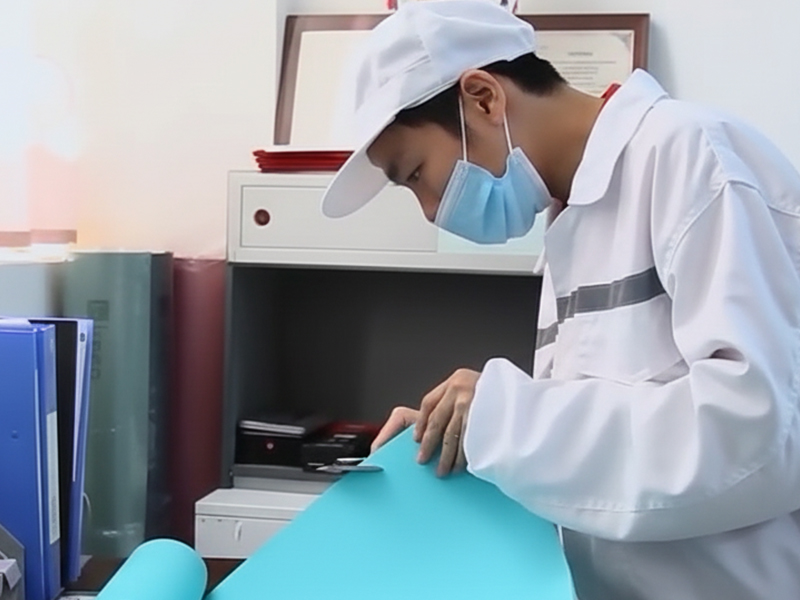 A quality control technician carefully inspects and cuts a blue yoga mat to ensure precision and high standards at our manufacturing facility.