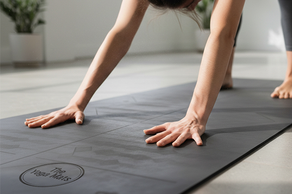 Woman in downward dog pose on a yoga mat, representing mindful practice and eco-conscious living.